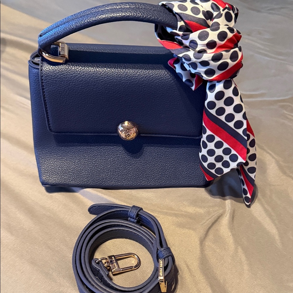 Anne Klein Navy Structured Top-Handle Satchel with Scarf Accent